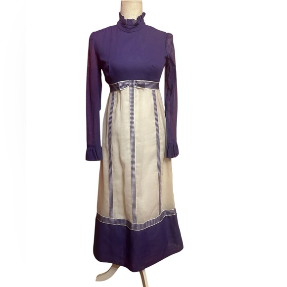 Vintage 70s Handmade Cottagecore Bohemian Purple and Cream Prairie Dress Sz S - Picture 5 of 9